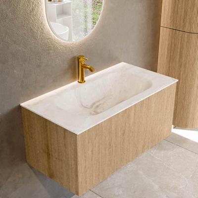 Mondiaz KURVE-DLUX 90 cm Onderkast Greeploos 1 Lade Zonder Deuren Oak, Wastafel Solid Surface Midden Frappe 1 Kraangat Zonder Spiegel (KRVBGS901L0D1KM-Oak/Fra)