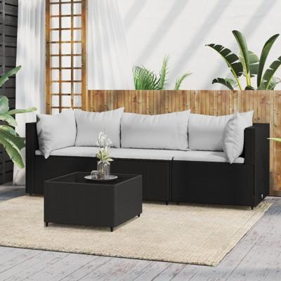 4-delige Loungeset met kussens poly rattan zwart