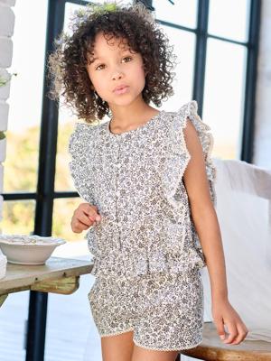 Bloes + short set voor een ceremonie voor een meisje blauw, bedrukt