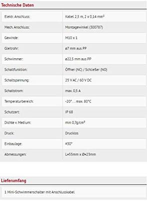 Schabus 200940 Mini-vlotterschakelaar Vullen, Legen 2.50 m