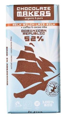 Reep tres hombres 52% melk cacaonibs & koffie bio 80 Gram Reep tres hombres 52% melk cacaonibs & koffie bio 80 Gram