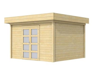 Woodvision Parelhoen blokhut 400x300 cm 28 mm vuren blank- Plat dak- Onbehandeld vurenhout- Woodvision