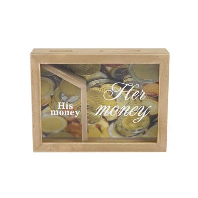 Gifts Amsterdam spaarpot His and Hers 15 x 20 cm hout bruin