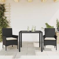 3-delige Tuinset met kussens poly rattan en glas zwart - thumbnail