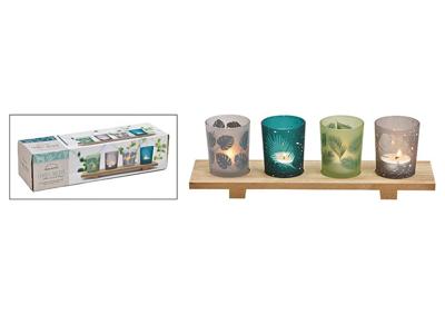 Windlicht bladdecor, set van 4 glazen 4x5x4cm, van glas, bamboe groen, set van 5, (B/H/D) 30x10x8cm