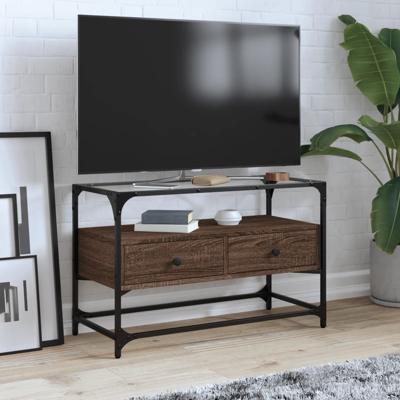 Tv-meubel met glazen blad 98x35x51 cm hout bruin eikenkleurig