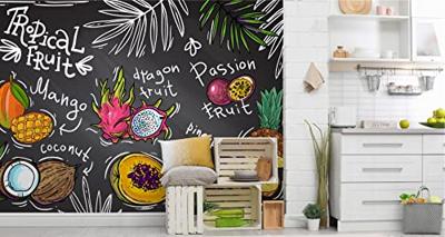 Fotobehang - Tropische vruchten met opschriften, voor in de keuken, 11 maten, inclusief behanglijm