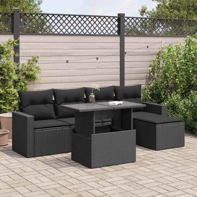 6-delige Loungeset met kussens poly rattan zwart