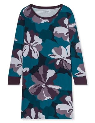 Dames Nachthemd lange mouw - Flower - Modal dames nachtjapon - Luxe nachtkleding dames - 40 - Blauw - 40