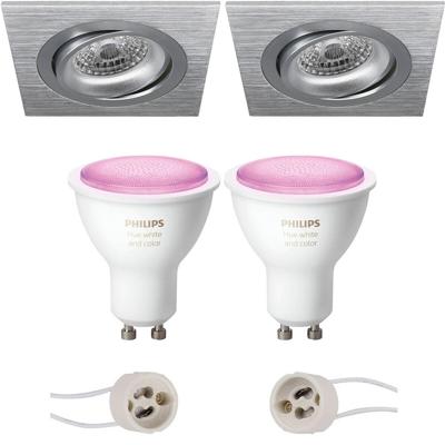 GU10 Inbouwspot Set - Mat Zilver - Inbouw Vierkant - Kantelbaar - Philips Hue - White and Color Ambiance - Bluetooth - Pragmi Borny Pro - 92mm