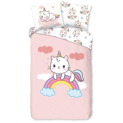 Good Morning Kinderdekbedovertrek "eenhoorn kat met regenboog" - Roze - (140x200/220 cm) - Katoen