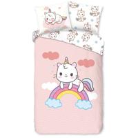 Good Morning Kinderdekbedovertrek "eenhoorn kat met regenboog" - Roze - (140x200/220 cm) - Katoen - thumbnail