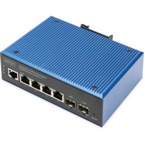 DIGITUS PoE netwerk switch - 6-poorts Gigabit Ethernet - 4x RJ45 + 2x SFP - IP40 - L2 managed - 10/100/1000 Mbit/s - DIN rail montage - industriële serie - zwart/blauw