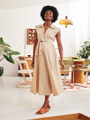 Lange popeline katoenen jurk voor zwangerschap en borstvoeding zandbeige