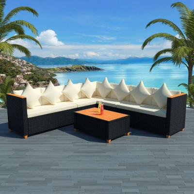 5-delige Loungeset met kussens poly rattan zwart