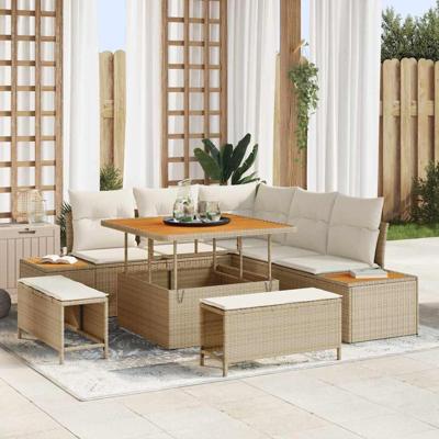 8-delige Tuinbankenset met kussens poly rattan acacia beige