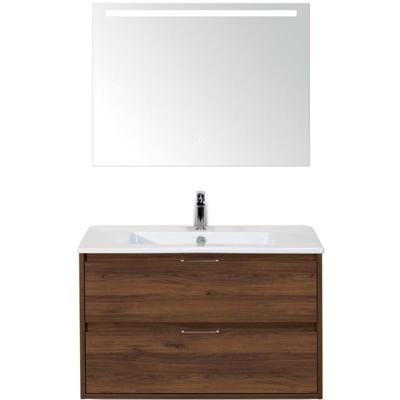 Porto Badmeubelset 90 cm - Walnoot - Keramische Wastafel Wit Slim met Sence Spiegel