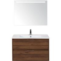 Porto Badmeubelset 90 cm - Walnoot - Keramische Wastafel Wit Slim met Sence Spiegel - thumbnail