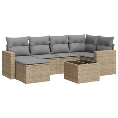 7-delige Loungeset met kussens poly rattan beige