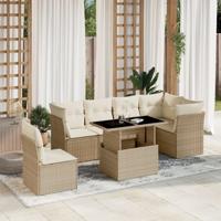 7-delige Loungeset met kussens poly rattan beige - thumbnail