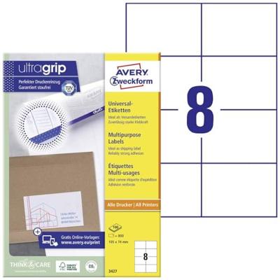 Avery-Zweckform 3427 105 x 74 mm Papier Wit 800 stuk(s) Permanent hechtend Universele etiketten Inkt, Laser, Kopie 100 vel DIN A4