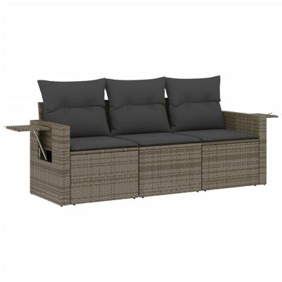 3-delige Loungeset met kussens poly rattan grijs - thumbnail