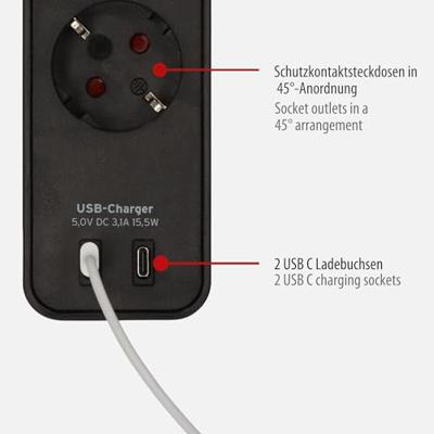 Ecolor 4-voudige stekkerdoos met USB-oplaadaansluiting (stopcontact met 2x USB C, schakelaar en 1,5