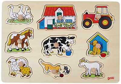 Goki houten noppenpuzzel boerderij, 9st.