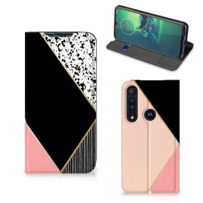 Motorola G8 Plus Stand Case Zwart Roze Vormen Motorola G8 Plus Stand Case Zwart Roze Vormen