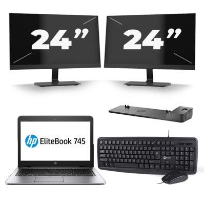 HP EliteBook 745 G4 - AMD PRO A10-8730B - 14 inch - 8GB RAM - 256GB SSD - Windows 11 + 2x 24 inch Monitor