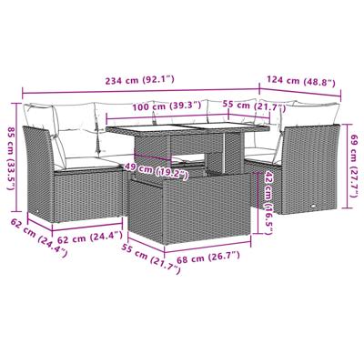 6-delige Loungeset met kussens poly rattan bruin - thumbnail