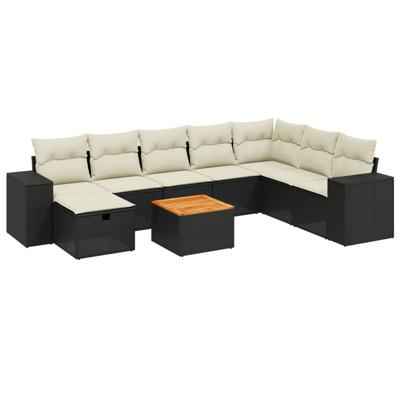 9-delige Loungeset met kussens poly rattan zwart