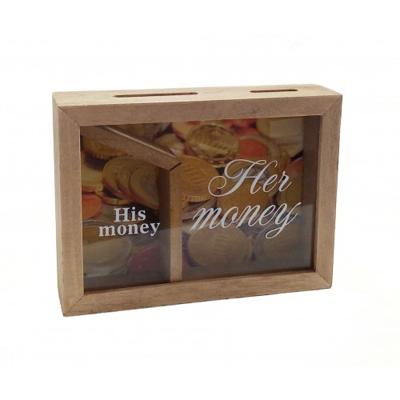 Gifts Amsterdam spaarpot His and Hers 15 x 20 cm hout bruin