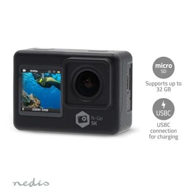 Nedis Action Cam | Dubbel scherm | 5K@30fps | 16 MPixel | Waterbestendig tot: 30.0 m | 80 min | Wi-Fi | App beschikbaar voor: Android™ / IOS | Mounts