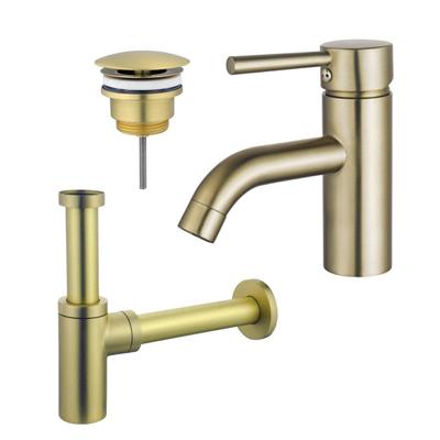 Fortifura Calvi Wastafelkraanset - lage wastafelkraan - always open plug - design sifon - Geborsteld Messing PVD (Goud) SW720547/SW696208/SW696213