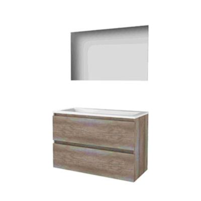 Basic-Line Ultimate 46 Badkamermeubelset - 100 x 46 cm - Greeploos - 2 Lades - Acryl Wastafel - Zonder Kraangat - Spiegel met Indirecte LED Verlichting - Scotch Oak