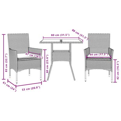3-delige Tuinset met kussens poly rattan en glas grijs - thumbnail