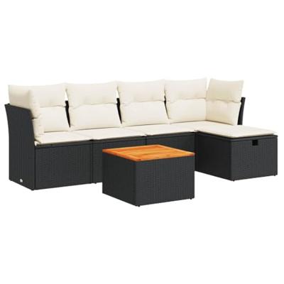 6-delige Loungeset met kussens poly rattan zwart