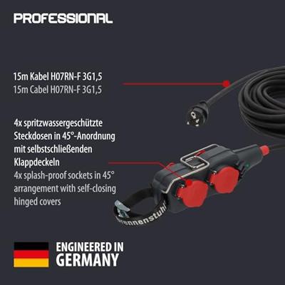 Brennenstuhl Professional Powerblock met verlengkabel | PB 1100 | IP54 | 4-voudig | 15m | zwart | H07RN-F 3G1.5 - 9161150161