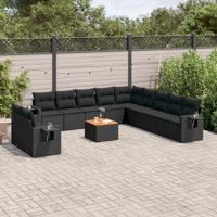 12-delige Loungeset met kussens poly rattan zwart - thumbnail