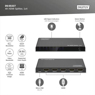 Digitus DS-55337 video splitter HDMI 4x HDMI