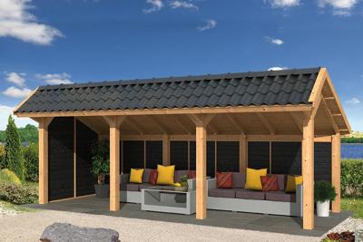 Tuindeco Bergen L Kapschuur type 6 678x306 cm Lariks/Douglashout blank en Zweeds rabat zwart- Kapschuurdak- Onbehandeld lariks Douglas hout- Tuindeco