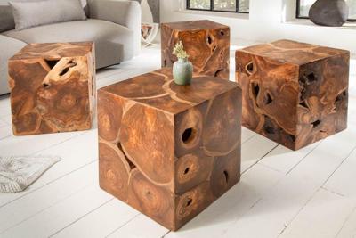 Massieve bijzettafel SQUARE 40cm teakhouten kubuskruk - 39226