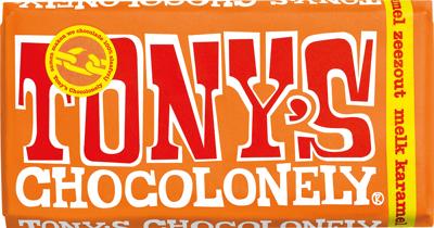 Chocolade Tony&apos;s Chocolonely melk karamel zeezout reep 180gr