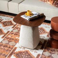 Dutchbone Bijzettafel 'Shelly' Gemêleerde stof en walnootlook, 48 x 48cm, kleur Off White - thumbnail