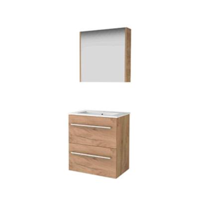 Basic-Line Comfort 39 Badkamermeubelset - Ondiep - 60 x 39 cm - Met Grepen - 2 Lades - Keramische Wastafel - 1 Kraangat - Spiegelkast - Whisky Oak