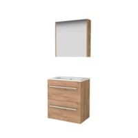 Basic-Line Comfort 39 Badkamermeubelset - Ondiep - 60 x 39 cm - Met Grepen - 2 Lades - Keramische Wastafel - 1 Kraangat - Spiegelkast - Whisky Oak - thumbnail