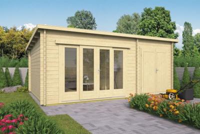 Tuindeco Meg Blokhut 595x400 cm 44 mm vuren blank- Lessenaarsdak- Onbehandeld vurenhout- Tuindeco