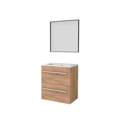 Basic-Line Framed 39 Badkamermeubelset - Ondiep - 60 x 39 cm - Greeploos - 2 Lades - Keramische Wastafel - 1 Kraangat - Spiegel met Zwart Aluminium Frame - Whisky Oak