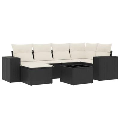 7-delige Loungeset met kussens poly rattan zwart